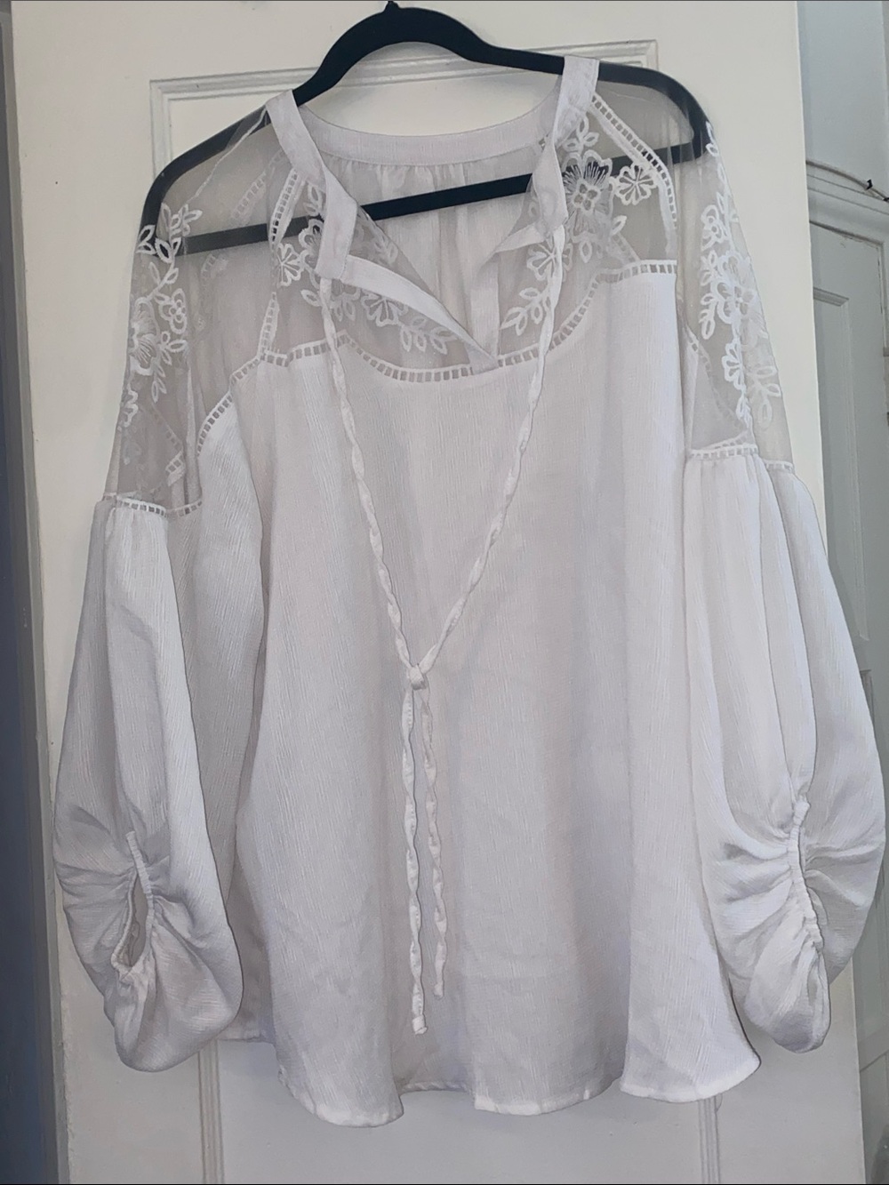 White Sheer Yoke Embroidered Peasant Blouse Size 2XL